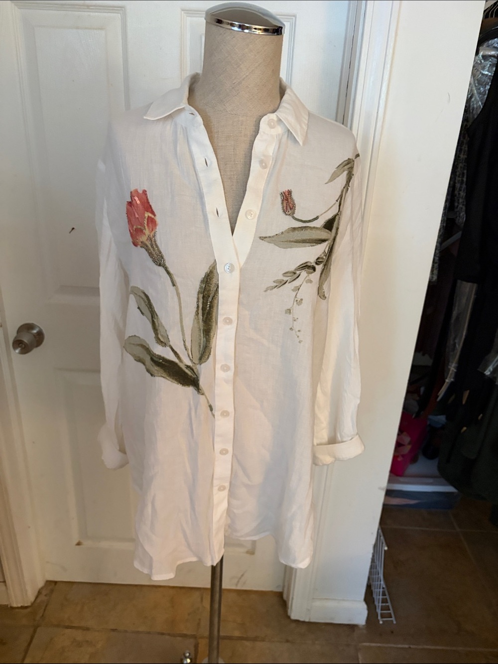 Chico's White Linen Button-Down Tunic with Pink Tulip Embroidery.